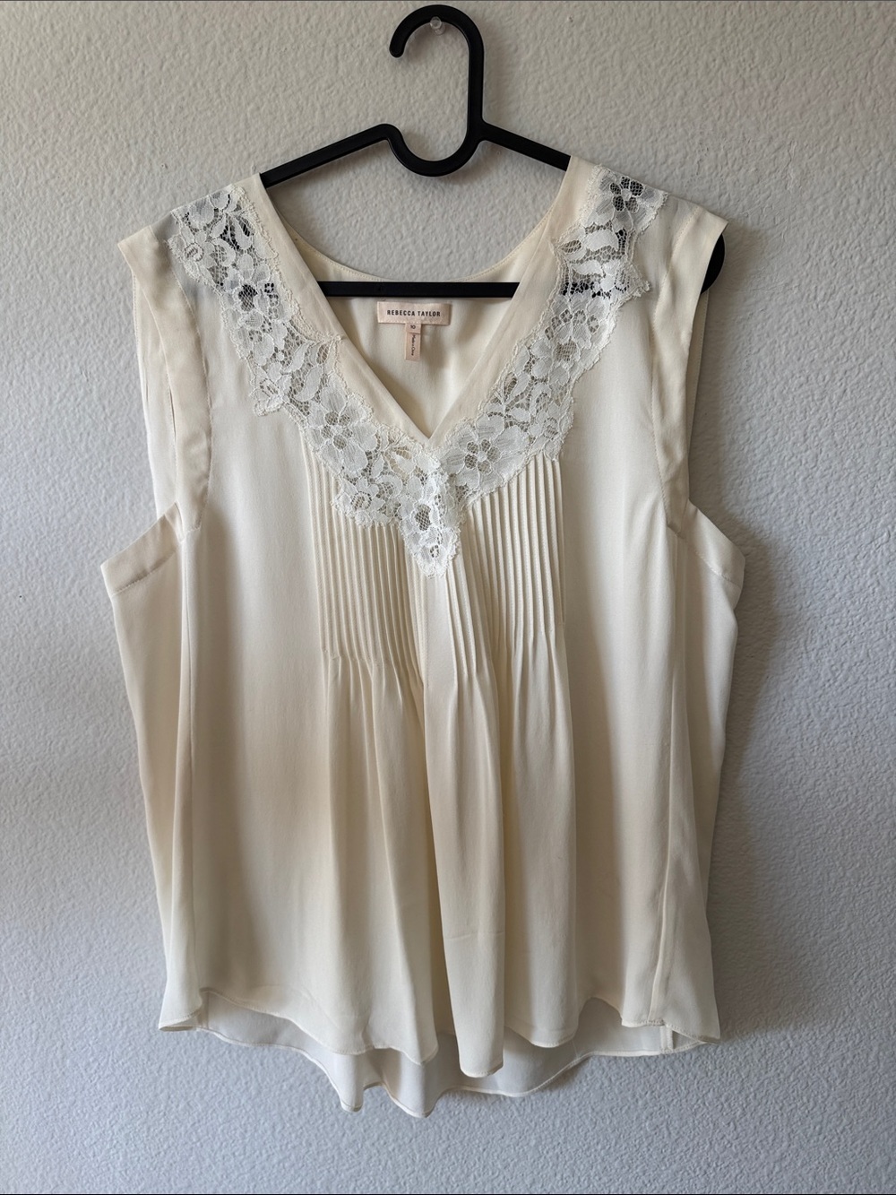 Rebecca Taylor Ivory Silk Camisole Lace-Trim V-Neck Pintuck Size 10